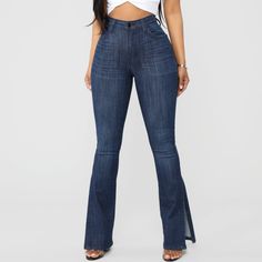 Fashion Nova Dark Denim Side Split Flare Jeans, Size 1. New With Tags Chic Non-stretch Dark Wash Jeans, Dark Wash Denim Flare Jeans For Spring, Spring Dark Wash Denim Flare Jeans, High-waist Denim Flare Jeans, Non-stretch Dark Wash Denim Jeans, Denim Color, Jeans Fashion, Fashion Nova Jeans, Colored Denim