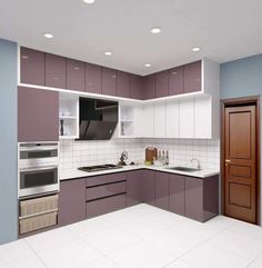 a kitchen with purple cabinets and white tile flooring is shown in this rendering image