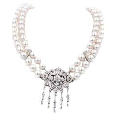 18 Karat White Gold Genuine Akoya Pearls & Diamonds 1.50 CTW Diamonds Akoya Pearl Necklace, Edwardian Style, Multi Layer Necklace, Vs Diamond, Akoya Pearls, Art Deco Diamond, Pearl Diamond, Style Jewelry, Layered Necklaces