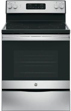 an electric stove with the oven door open and its top burner is shown in stainless steel