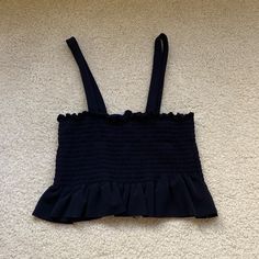 Zara, Small, Black Ruched Tank Top, Never Worn Black Cotton Crop Top For Day Out, Chic Black Crop Top For Vacation, Chic Black Top For Vacation, Zara Sleeveless Black Crop Top, Black Cropped Ruffle Crop Top, Chic Black Cotton Crop Top, Black Ruffled Crop Top For Summer, Chic Black Ruffled Crop Top, Trendy Black Crop Top With Ruffles