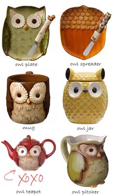 six owl mugs with different types of owls on them, each one has a knife in its mouth