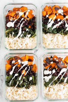 four glass containers filled with rice and vegetables