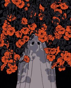 an orange and black illustration of a dog in the middle of flowers with its head sticking out