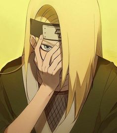 an anime character with blonde hair holding a cell phone to her face and looking at the camera