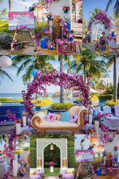 a collage of photos with flowers and furniture