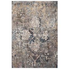 an area rug with various colors and patterns on it, including blue, brown, beige and