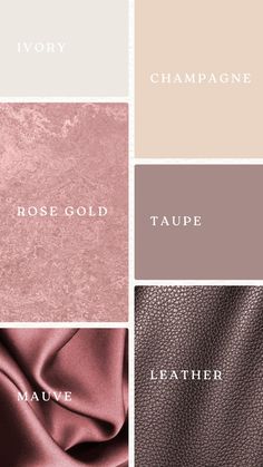 four different shades of leather with the names of them in white, pink and grey