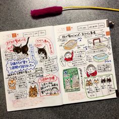 an open notebook with cats and other things on it