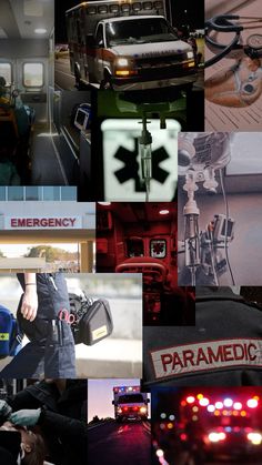 multiple images of emergency vehicles, including ambulances and fire trucks are shown in this collage