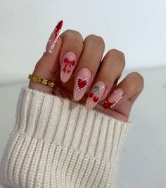 Coquette love ❤️🍒 @bohomoon ring ✨ Cute Almond Nail Ideas Valentines, Pink And White Flower Nail Design, Dainty Valentines Day Nails, Light Pink Cherry Nails, Red Nails Cute Design, Cherry Valentines Nails, Valentines Gel X Nails, Red White And Pink Nails, Valentine Nail Ideas Acrylic Art Designs