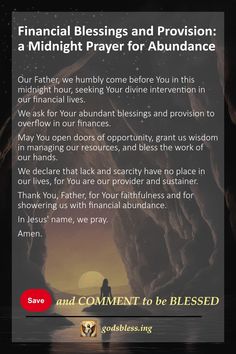 Financial Blessings and Provision: a Midnight Prayer for Abundance Midnight Prayer Declarations, Prayers For Blessings, Spiritual Breakthrough, Dangerous Prayers, Prayer For Success, Midnight Prayer, Sinners Prayer, Bedtime Prayers