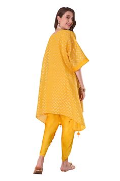 Yellow kimono style kurta with gota, thread, shell tassel embroidery in wave pattern. Paired with slip and scallop dhoti pant. - Aza Fashions Unstitched Tunic Sets For Festivals, Sheer Dupatta Set For Puja And Eid, Sheer Dupatta Sets For Puja On Eid, Sheer Dupatta Sets For Puja During Eid, Eid Puja Set With Sheer Dupatta, Eid Traditional Tunic Wear With Dupatta, Tunic Kurta With Dupatta For Eid, Sheer Dupatta Set For Eid Puja, Traditional Drape Palazzo Set For Puja And Festivals