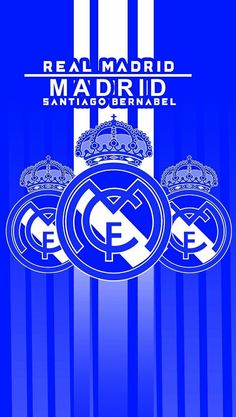 the real madrid soccer club logo on a blue and white striped background with three crests