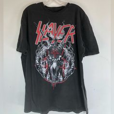 Slayer Black Metal Tee Band T Shirt Slayer Faded Black Tee Features The Original Art On Front Of The Classic Slayer Logo. Made On A Soft Washed Down Cotton T Shirt With Short Sleeves With An Oversized Fit 100% Soft Cotton Screen Printed Design - 100% Cotton, - New - Officially Licensed - Photo Size Xl -Xs - Chest 19” Length 28” - Band T Shirt Slayer Black Metal Graphic T Shirt Black Rock Style Shirt For Streetwear, Metal Band Shirts, Slayer Shirt, Band Tee Shirts, Metal Shirts, Metal T Shirts, Oversized Graphic Tee, Tiger T Shirt, Embroidered Tee