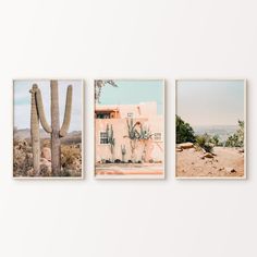 three pictures hanging on a wall with cactus and building in the background, one has a blue sky