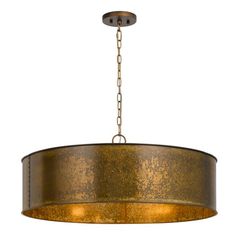 a chandelier hanging from a ceiling fixture with chain around the bottom and two lights on each side