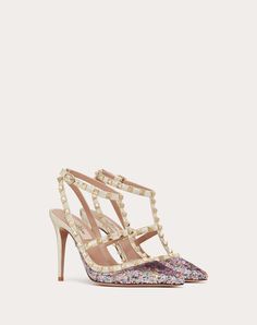 Valentino Garavani Rockstud pump with embroidery of sequins of various sizes - Platinum-finish studs - Metallic nappa leather straps and trim - Adjustable straps - Heel height: 100 mm / 4 in. - Made in Italy Designer Studded Party Heels, Luxury Studded Heels For Party, Luxury Studded Party Heels, Designer Party Heels With Studs, Elegant Multicolor Embellished Heels, Elegant Gold Heels With Studs, Elegant Gold Studded Heels, Luxury Sequined High Heels, Pointy Heels