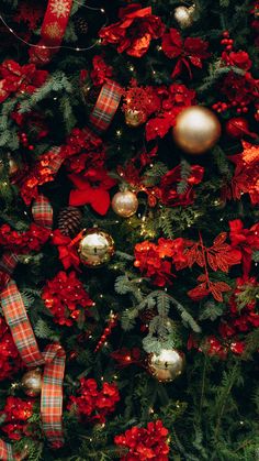 the christmas tree is decorated with red and gold ornaments, bows, and baubles