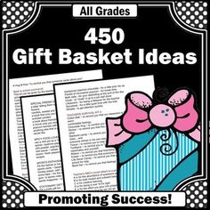 a poster with the words gift basket ideas and an image of a pink pig in a blue