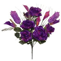 purple flowers are arranged in a vase on a white background