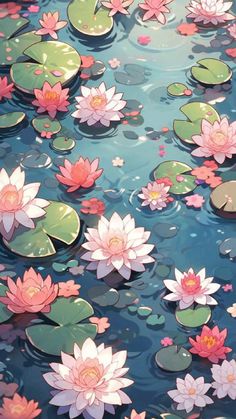 water lilies floating on top of a lake filled with green and pink lily pads