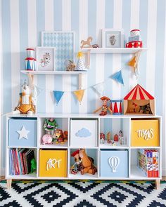 a toy shelf filled with lots of toys