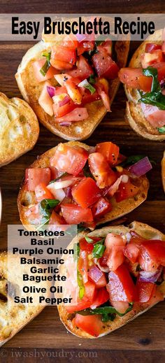 several pieces of bread with tomatoes and other toppings on them sitting on a wooden surface