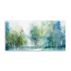 an abstract painting with trees and watercolors on the bottom, in blue tones