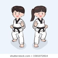 two people in karate uniforms are standing and making hand gestures with their hands while one person is