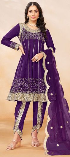 Purple and Violet color Salwar Kameez in Art Silk fabric with Embroidered, Sequence work Dhoti Frock, Anarkali Lehenga Gowns, Dhoti Salwar, Patiyala Dress, Silk Tulips, Purple Bottom, Sequence Embroidery, Frock Style, Lakshmi Images