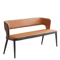 a brown leather bench sitting on top of a white floor