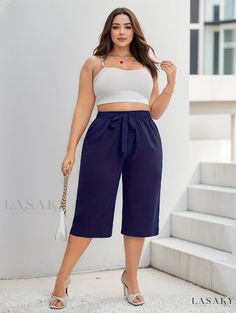 Lasaky - Classic Plus Size Womens Casual Shorts: Belted Elastic Waist Wide Leg Capri Pants Casual Capri Bottoms With Elastic Waistband, Casual Capri-length Bottoms With Elastic Waistband, Casual Capri Pants With Elastic Waistband, Casual Stretch High-waisted Culottes, Casual Capri Length Pants For Day Out, Casual High Waist Stretch Culottes, Casual Stretch High Waist Culottes, Casual Non-stretch High-waisted Culottes, Casual High-waisted Culottes