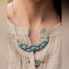 A Collection Of Asymmetrical Turquoise Stones Adorns The Front Of A Studded Silver Frame Embossed In Floral And Feathery Accents. The Pendant Sits Boldly Below The Collar, Creating A Seasonal Centerpiece. Features An Adjustable Clasp Closure. Blue Southwestern Style Jewelry For Summer, Southwestern Blue Jewelry For Summer, Blue Southwestern Style Summer Jewelry, Gold Bar Pendant Necklace, Gorjana Necklace, Gold Bar Pendant, Kawaii Necklace, Turquoise Necklaces, Fan Necklace