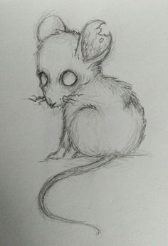 a drawing of a mouse sitting on the ground with its head turned to the side