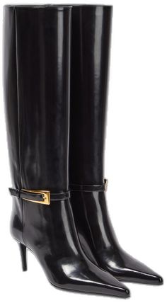 Luxury Square Toe Calf Leather Heeled Boots, Luxury Calf Leather Knee-high Boots For Business, Luxury Patent Leather Knee-high Boots With Pointed Toe, Luxury Calf Leather Knee-high Heeled Boots, Luxury Knee-high Boots With Leather Sole For Business, Classic Calf Leather Knee-high Boots With Square Toe, Formal Mid-calf Boots With Square Toe And Leather Sole, High Heel Calf Leather Knee-high Boots, Luxury Knee-high Calf Leather Boots