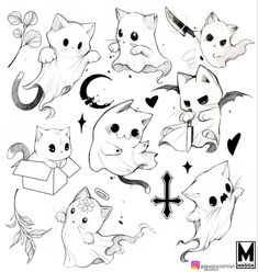 a bunch of cats that are drawn in black and white with the letter i on it