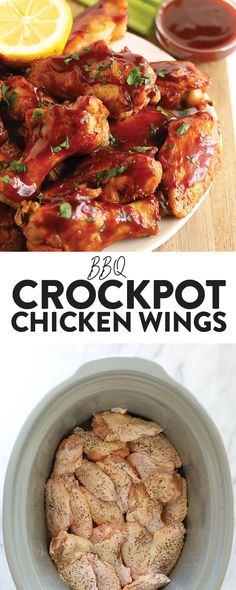 crockpot chicken wings in a bowl with sauce and lemon wedges on the side