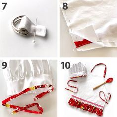 four pictures showing how to sew an apron and tie it down with ribbon ties