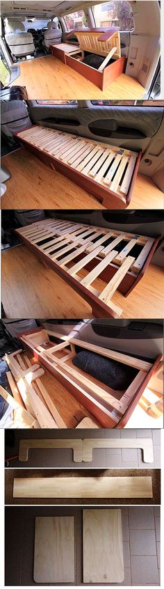 three pictures showing the different parts of a bed frame and drawers in an rv's camper