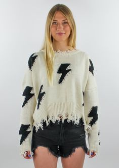 Lightning Bolt Pattern, Lightning Bolts, Cream Knit Sweater, Black Lightning, Sweater Cream, Cute Sweater, Tween Outfits, Jeans Dark Wash, Cute Sweaters