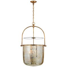 an old fashioned hanging light fixture with a glass dome and metal chain around the bottom