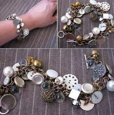 two pictures of different bracelets with buttons and charms