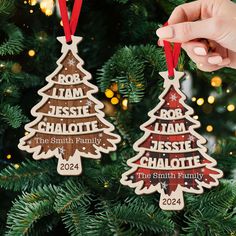 two wooden christmas ornaments hanging from a christmas tree