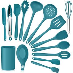 a collection of kitchen utensils including spatulas, measuring spoons and cups