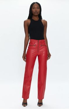 A pant made to make a statement in. This deep red pant has an exposed zip up front and flattering diagonal zippers right below the waist. Our alt leather fabric has the same buttery soft feel and slight shine as real leather, but is created in a better, vegan manner. 100% PU Leather Imported • Rise: 12" • Inseam: 31" • Leg Opening: 16 1/2" • Model is 5’9” wearing size 26 • Dry Clean • Hand Wash Cold Sleek Leather Bottoms With Zipper Closure, Fitted Trendy Leather Pants With Zip Fly, Trendy Fitted Leather Pants With Zip Fly, Sleek High Waist Leather Pants With Zipper Closure, Sleek High-waist Leather Pants With Zipper Closure, Edgy Leather Pants For Work With Zipper Closure, Edgy Leather Pants With Zipper For Work, High Waist Leather Pants With Zipper Closure, Sleek Straight Leg Pants With Zipper Closure