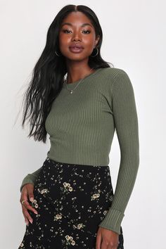 Karlee Olive Green Ribbed Knit Long Sleeve Sweater Top Fitted Ribbed Knit Top, Fitted Solid Crop Top With Ribbed Neckline, Ribbed Stretch Crop Top For Fall, Ribbed Stretch Knit Top, Stretch Ribbed Knit Top, Fitted Ribbed Elastane Crop Top, Fitted Ribbed Crop Top In Elastane, Fitted Solid Color Ribbed Tops, Fitted Solid Color Tops With Ribbing