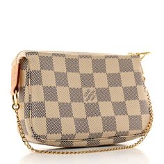 This is an authentic LOUIS VUITTON Damier Azur Mini Pochette Accessories. This stylish small pochette is crafted of Louis Vuitton signature checkerboard coated canvas in blue and white. The bag features a polished gold-toned wristlet strap and a top zipper that opens to an ivory fabric interior. Mini Pochette Accessories, Pochette Accessories, Louis Vuitton Clutch, Louis Vuitton Empreinte, Ivory Fabric, Louis Vuitton Vernis, Louis Vuitton Damier Azur, Louis Vuitton Pochette, Lv Monogram