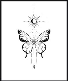 a black and white drawing of a butterfly with the sun in it's wings