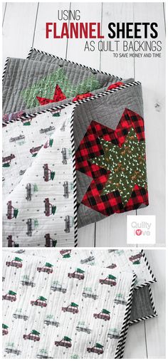 two quilts with christmas trees on them and the text, using flannel sheets as quilt backings